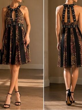 Sue Wong embellished leopard halter cocktail dress Size 6